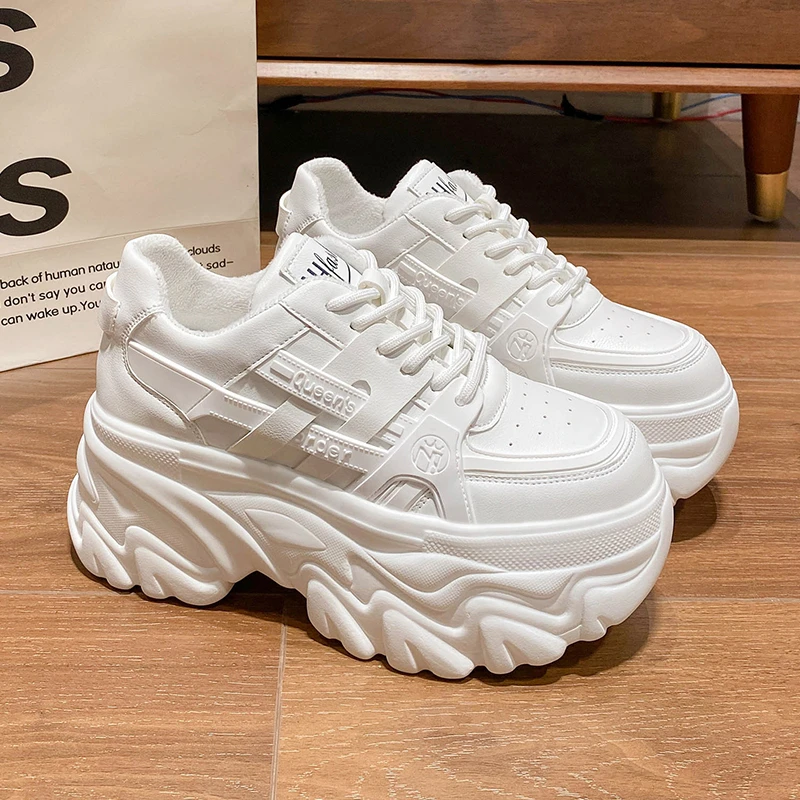 Kobiety 7.5cm obcasy platforma buty na koturnie zasznurować klasyczne Chunky Sneaker białe buty na co dzień wygodne krótkie pluszowe buty zimowe