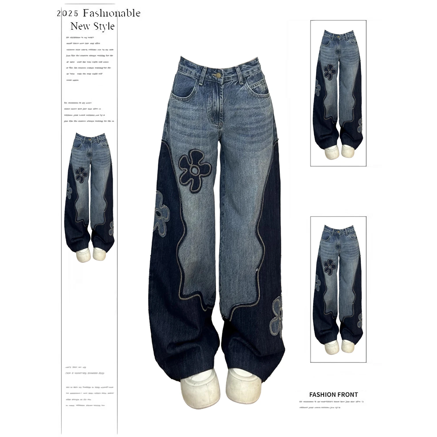 

Женские двухцветные широкие джинсовые джинсы большого размера с цветочной вышивкой и волнистой строчкой, винтажные повседневные уличные женские брюки