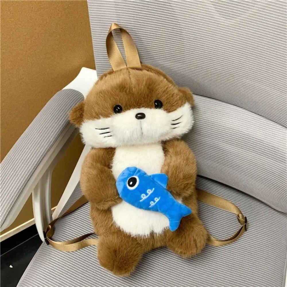 Adorable Otter Backpack Realistic Look Fluffy Simulation Animal Shoulder Bag Soft Holding Fish Student School Bag Casual Use