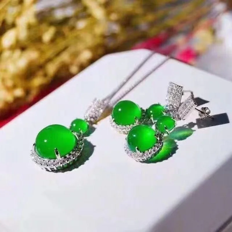 

High Imperial Green Inlaid Pink Agate Chalcedony Silver Pendant Ring Earrings Three-Piece Jewelry Set