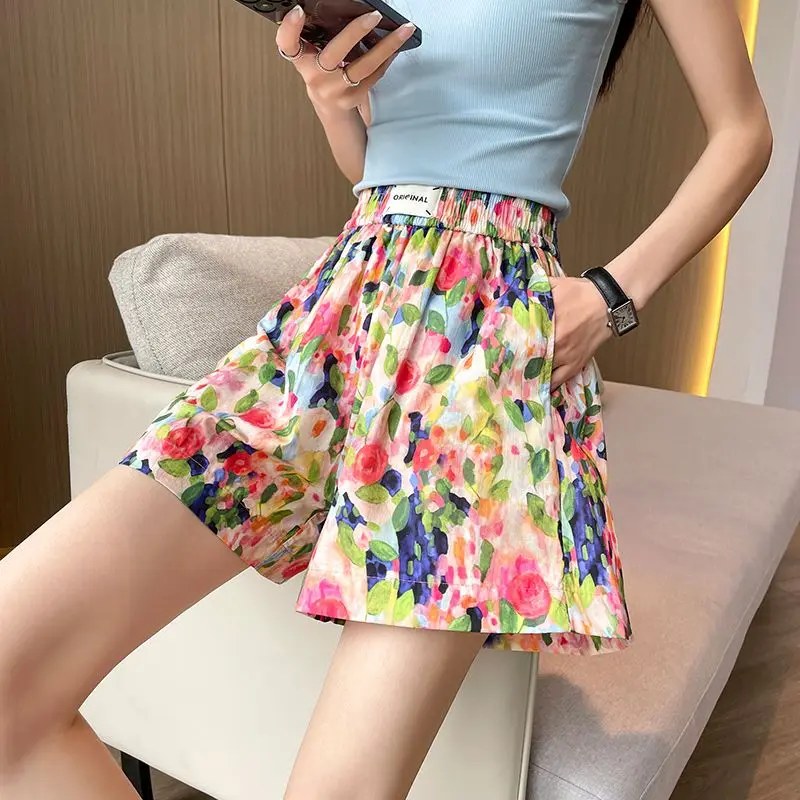 Korean Fashion Summer Ice Silk Women's Elastic Waist Printing Tie Dye Simplicity Vintage High Waist Loose Wide Leg Casual Shorts