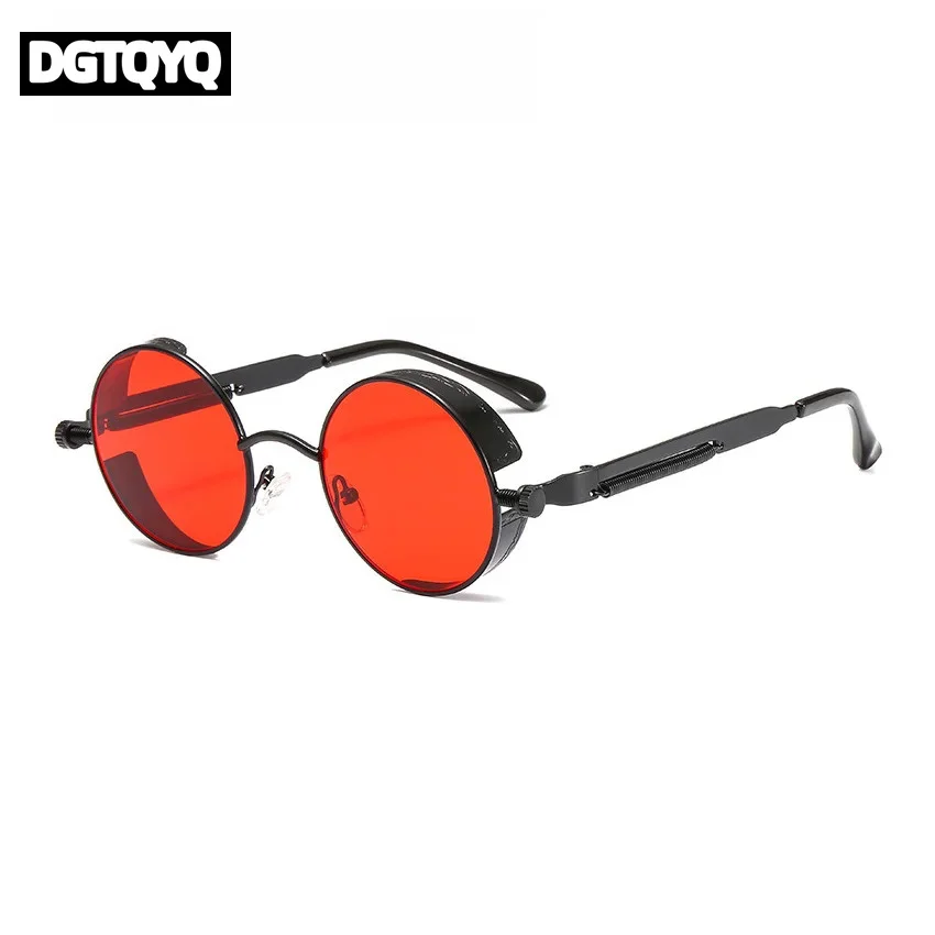 DGTQYQ Steampunk Sunglasses Vintage Round Shades Metal Frame Outdoor UV400 Sun Glasses Brown Black Red for Men Women