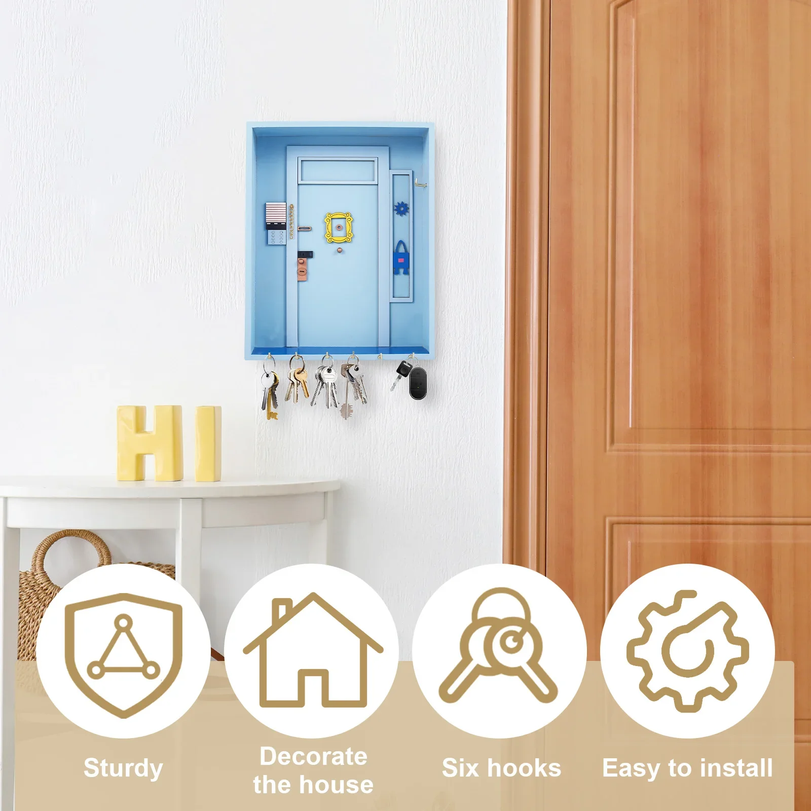 Wooden Wall Key Hanger with 6 Hook Wall Mounted Key Holder Decorative Key Storage Rack Sturdy Entrance Key Mail Organizer