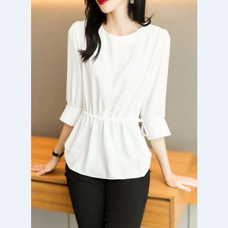 Summer New Thin Chiffon Lacing White Top Shirts 3/4 Sleeve Round Neck Solid Color Loose Blouse Office Elegant Women Clothing