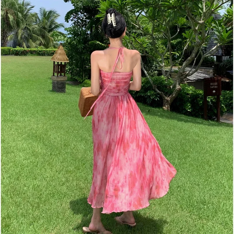 

2024 New Women Backless Beach Quinceanera Sundress Summer Halter Elegant Retro Slim Mesh Vacation Prom Long Bridesmaid Dress