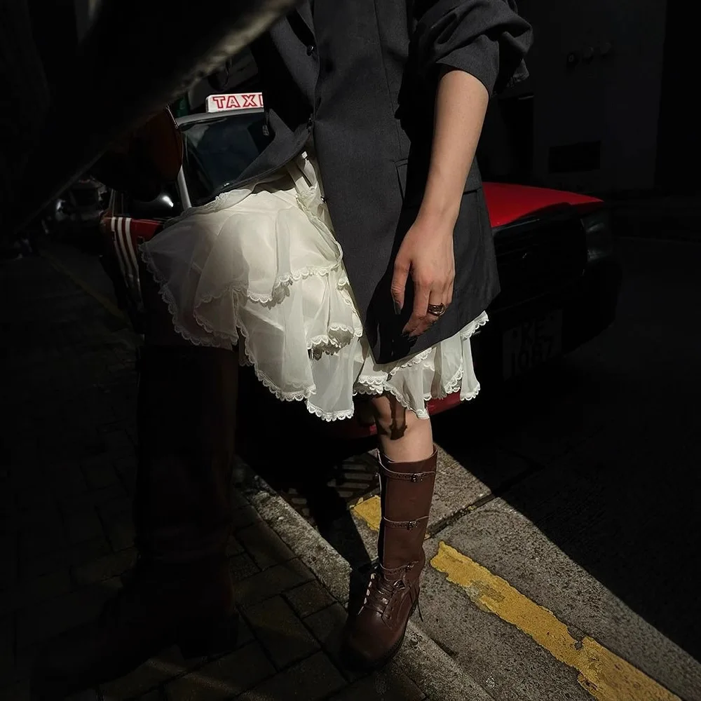 تنورة Ele American Lace المرقعة بخصر عالٍ للنساء، تنورة شيفون حلوة ذات حدود حلوة، تنورة كعكة كاجوال بلون نقي