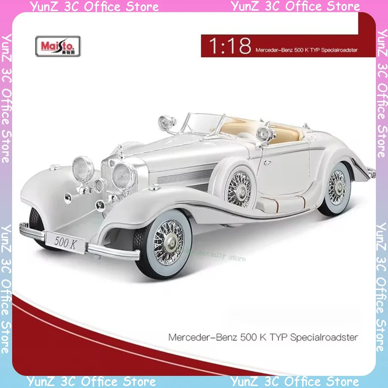 Maisto 1:18 Mercedes Benz 500k Grey White Classic Retro Vintage Car Model Collection Desktop Decoration Children\'s Gift