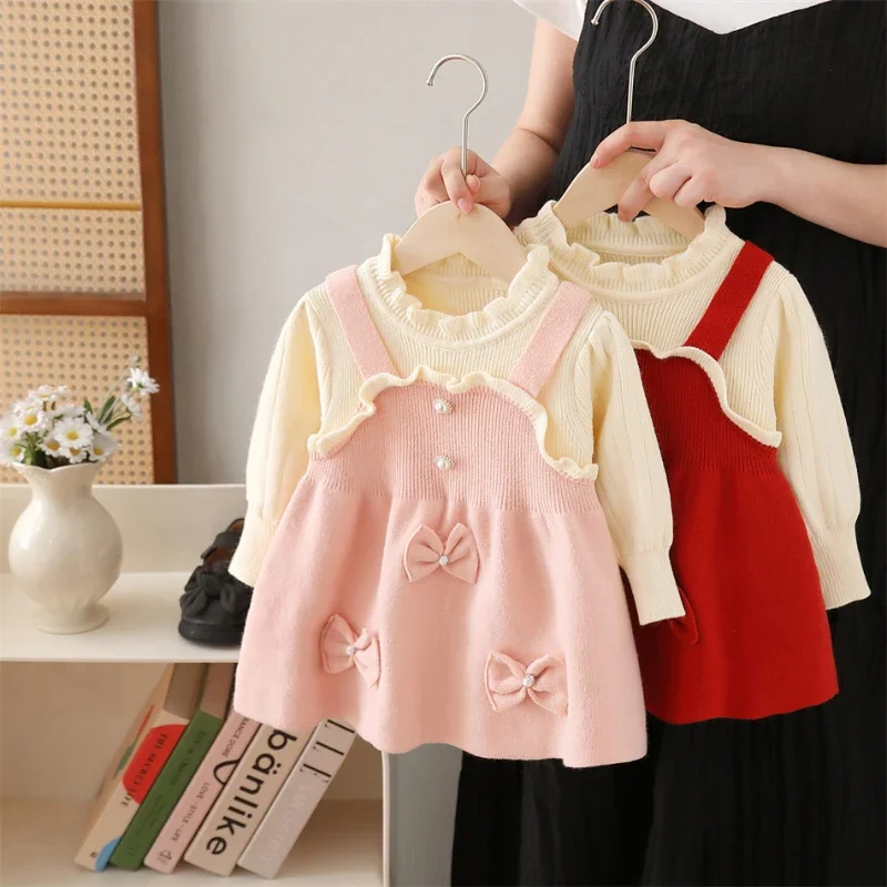 Girls Sweater Dress 2024 Fall/winter New Bow Cute Knit Long-sleeved Dress  Baby Girl Winter Clothes  Knitted Sweater 2-6y