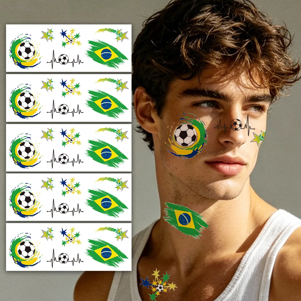 5pcs Brazil Flag Temporary Tattoos Waterproof Face & Arm Stickers for Football Fans Sports Events Party Festival