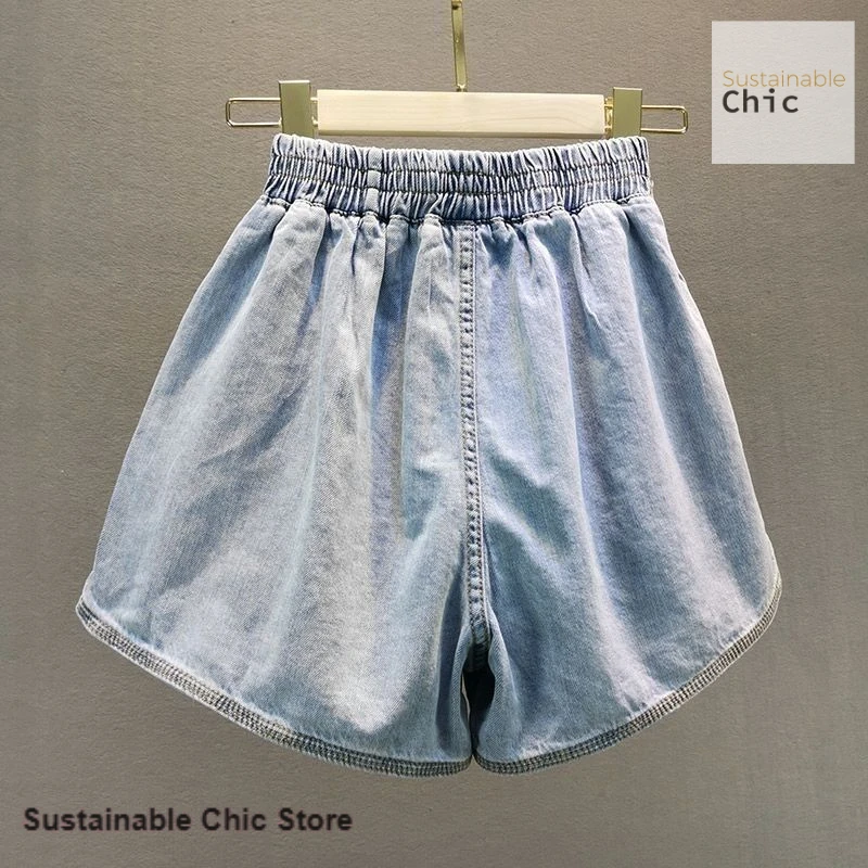 Korean minority design rhinestones wide-leg denim shorts women's summer new large size loose high waist slim A-shaped hot pants