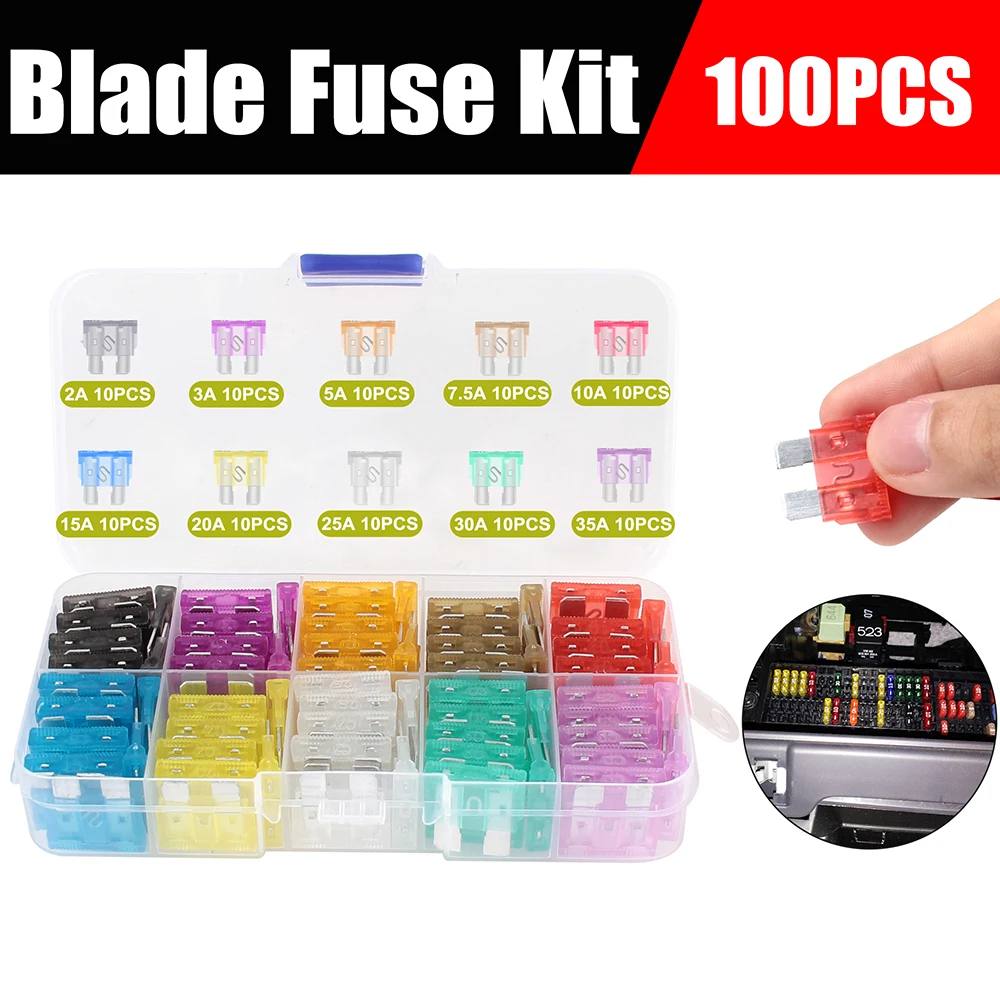 100PCS Car Fuse With Box Clip Profile Medium Size Blade Type Auto Car Truck 2-35A Fuse Combination Car Blade Fuse Set