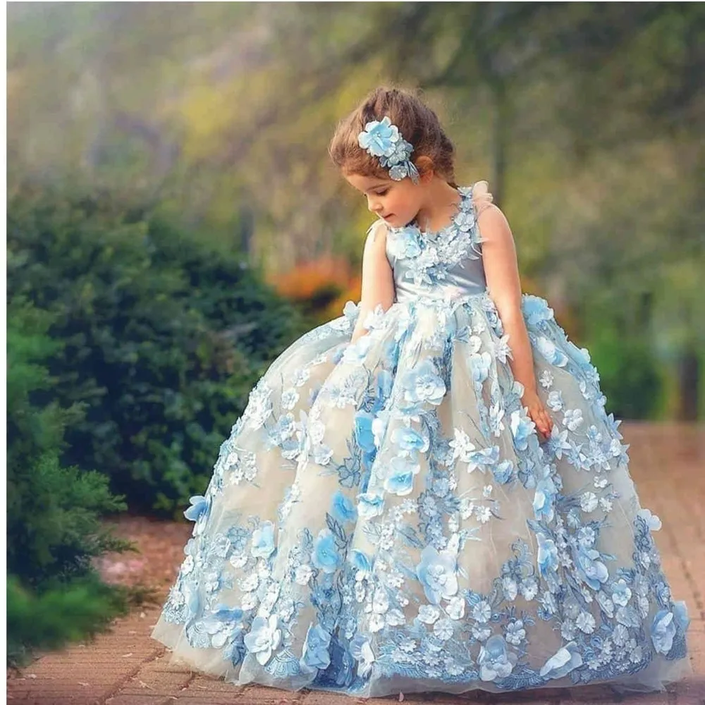 Precioso vestido esponjoso con apliques 3d, sin mangas, sin espalda, vestido de niña de flores, boda, hermosa flor, vestido de baile de comunión infantil