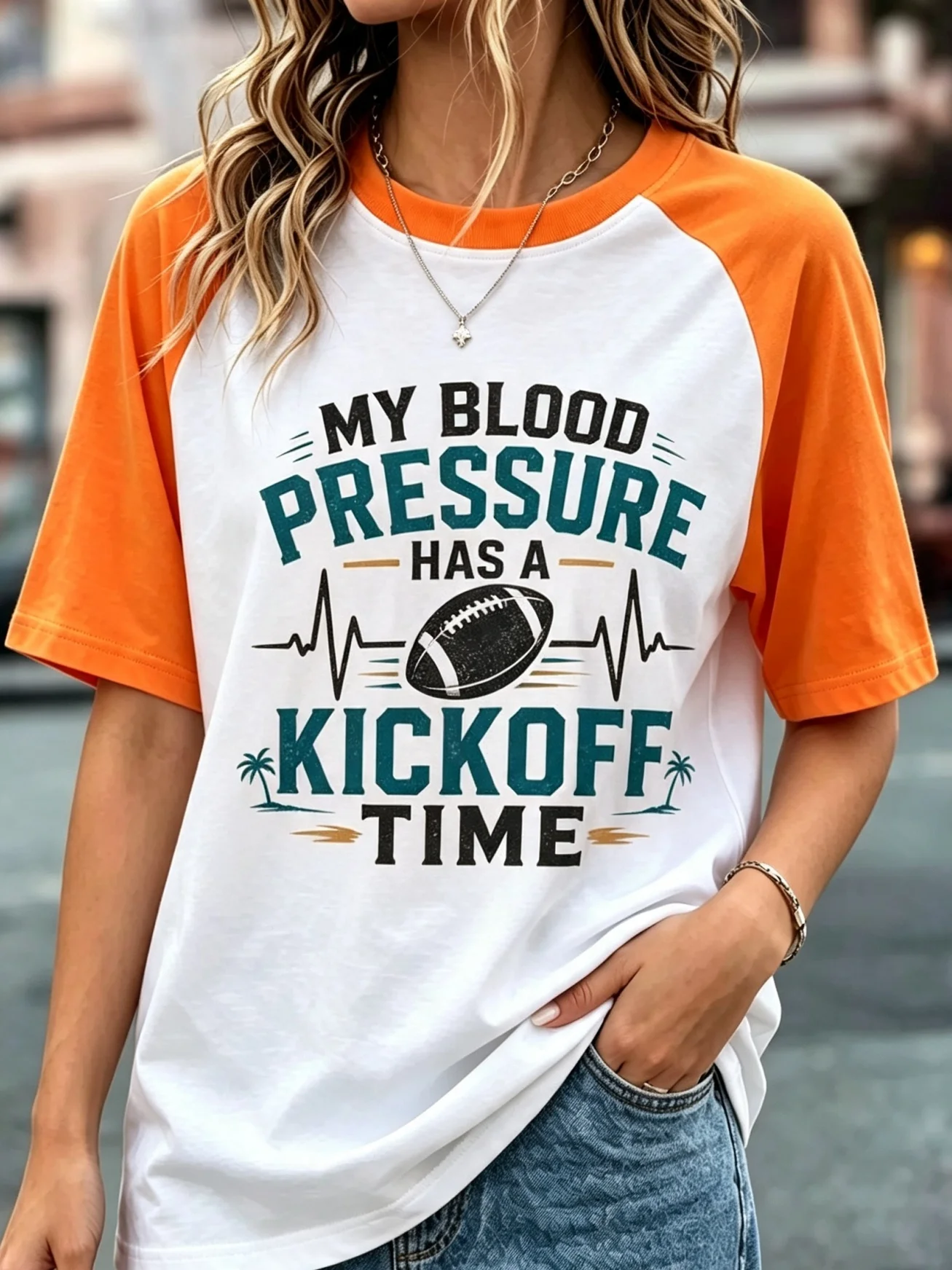 My Blood Pressure Has A Kickoff Time Vintage Football ECG Graphic Raglan T‑Shirt, Women Color Block Short Sleeve Game Day Baseball Tee