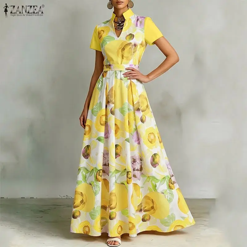 

Elegant A Line Party Dress 2026 ZANZEA Women Stylish Printed Dress V Neck Short Sleeve Pleated Sundress Lace-Up Holiday Robe