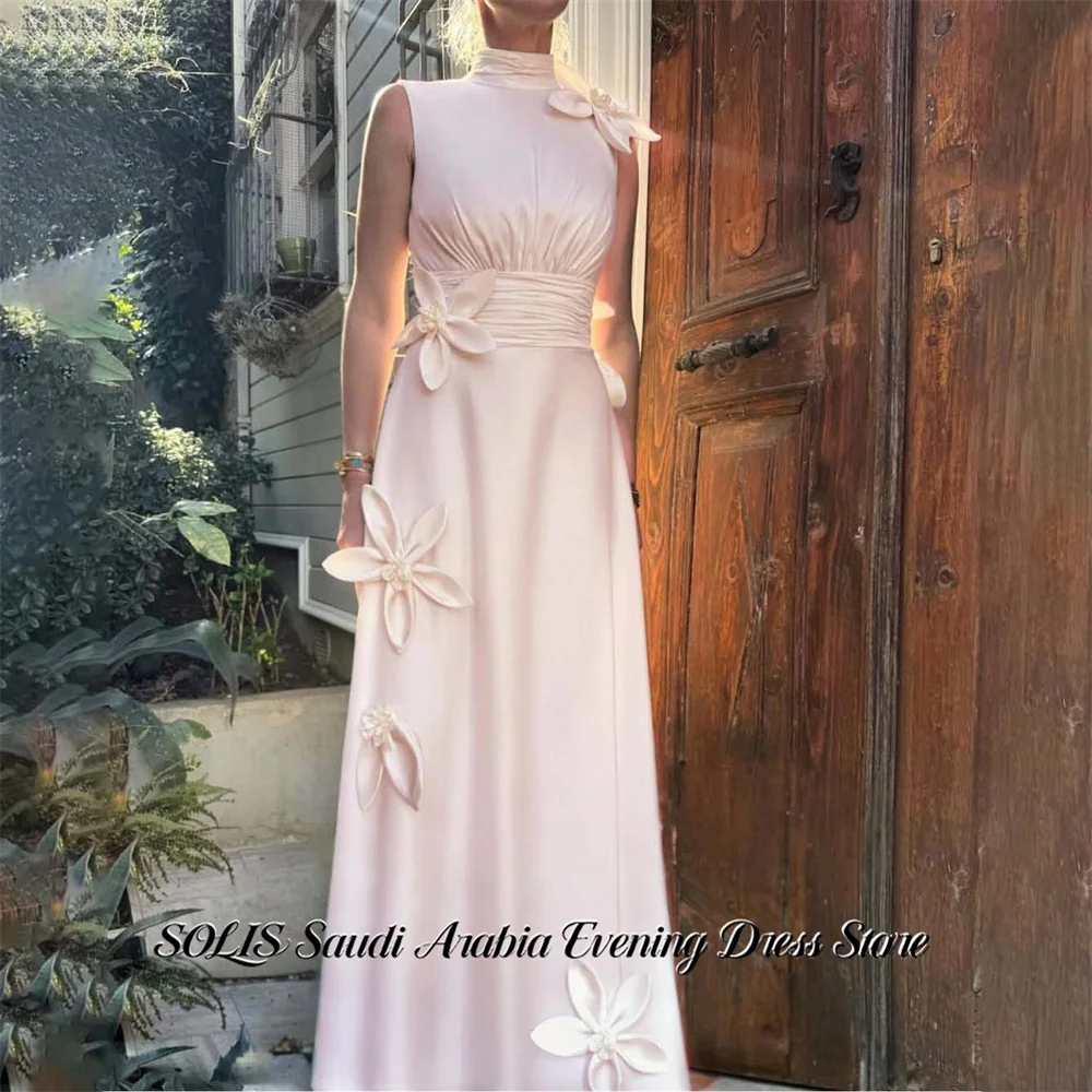 

SOLIS Blush Pink Evening Dress High Neck Sleeveless Formal Gown Satin A Line Night Dress with 3D Floral Prom Dresses Customized