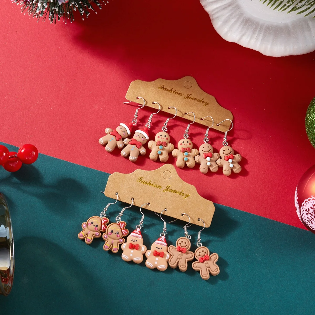Wearing Bowknot Christmas Hat Resin Gingerbread Earrings Set Christmas Cute Cartoon Earring Holiday Jewelry Gift For Women Men