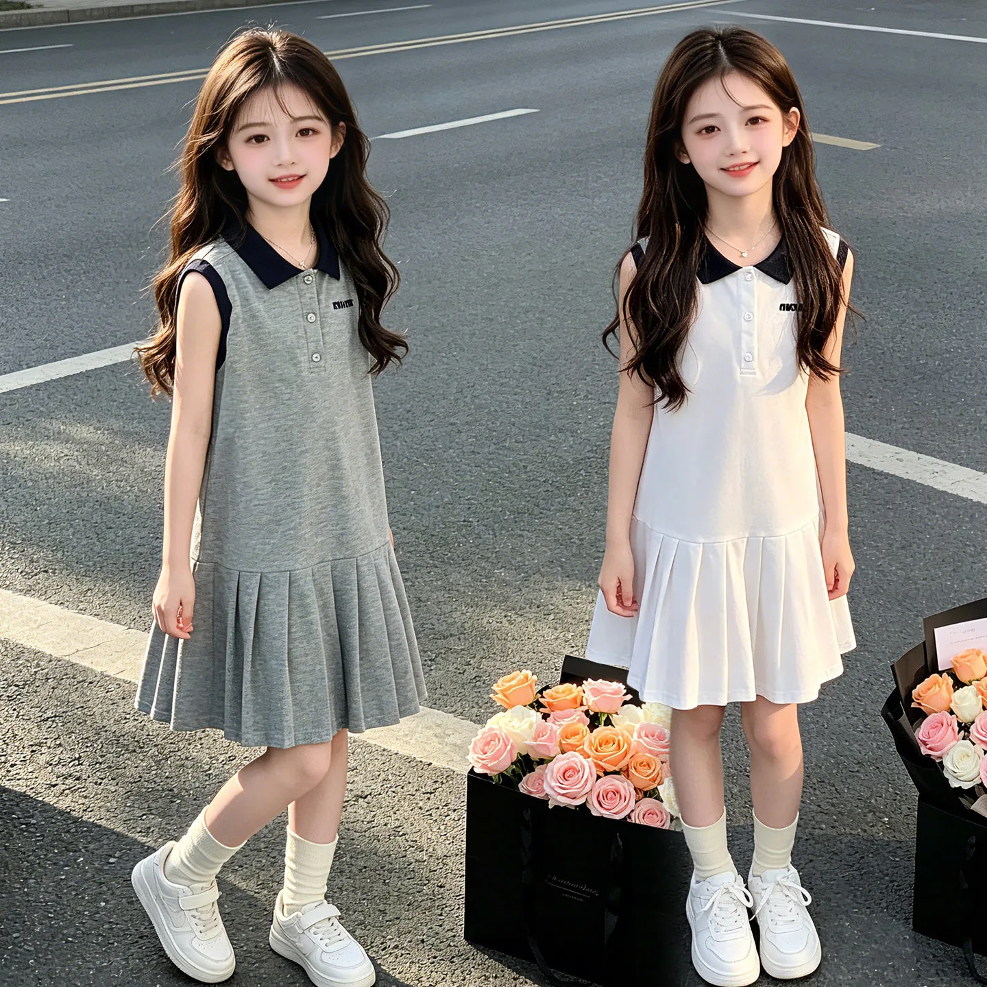 Mädchen Sommerkleid, Dünn, Neu, Prinzessinnenkleid mit POIO-Kragen, Plissierter Rock, Teenager-Kinderkleidung, Mädchen Sommerkleid