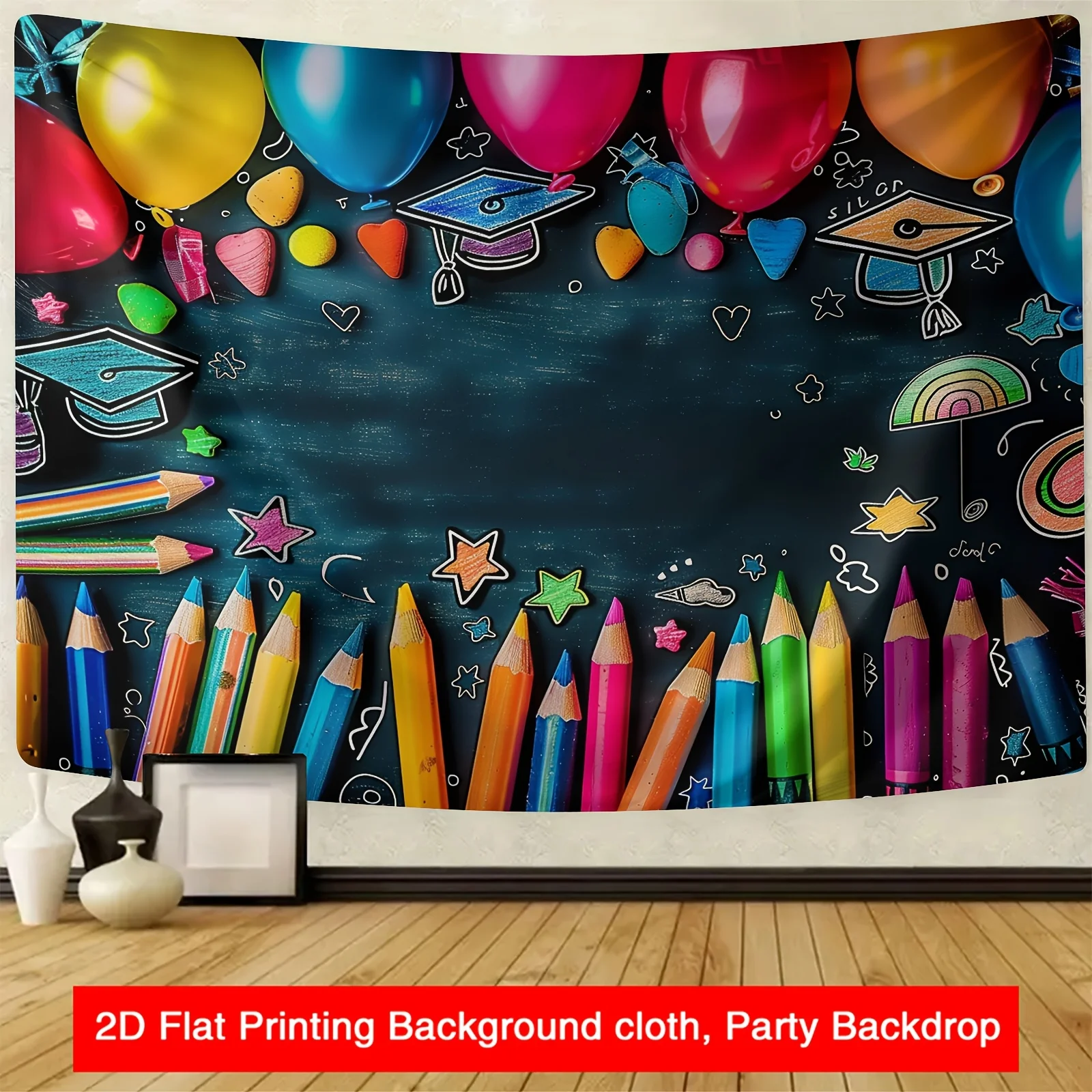 Back to School Ballon-Abschlusshut, Buntstift, Cartoon-Thema, Hintergrundtuch, Party-Banner