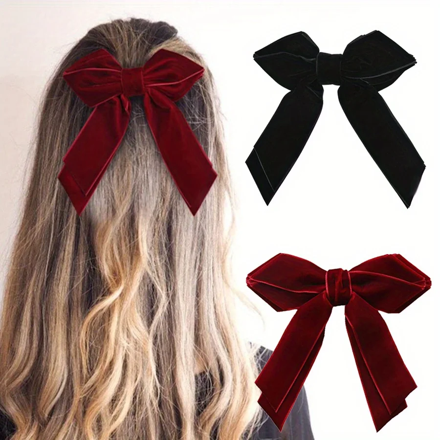 

2PCS Elegant Velvet Hair Clip with Bow Design Black Red Ribbon Ponytail Barrettes for Women Girls