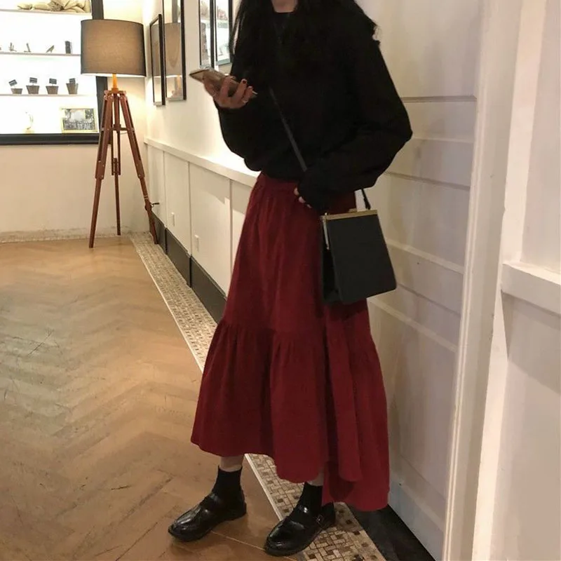 Lucyever Vintage Wine Red Corduroy Skirt Women Autumn Winter Irregular Midi Skirts Female High Waist Long A-line Pleated Skirt