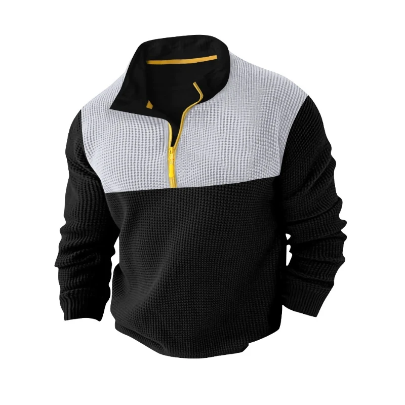 2026 New Patchwork Spring Autumn fabric men's casual long sleeve solid color half zip stand collar T-shirt top men's pullover