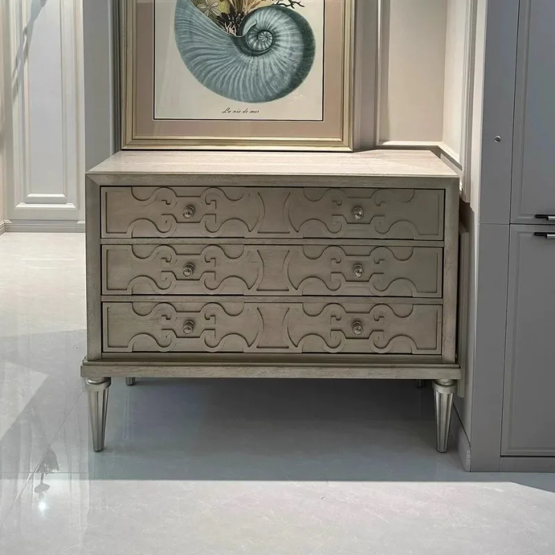 solid wood three-draw champagne-colored bucket cabinet, foyer decoration, entrance cabinet, Mori impression solid wood cabinet