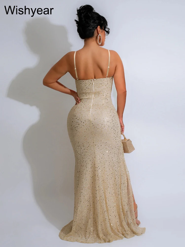 New Elegant Glitter Sequin Spaghetti Straps High Split Long Dresses Women Sexy Apricot Bodycon Birthday Party Evening Celebrity
