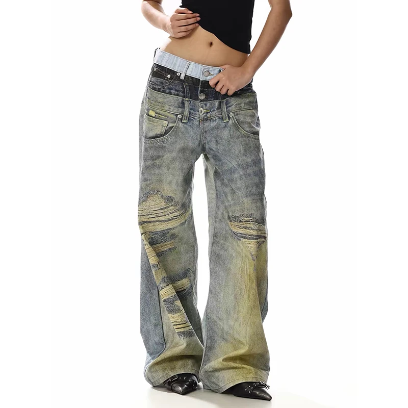 YIBASHU Women's Blue Gothic Y2k Gyaru Emo Baggy Jeans Oversize Denim Trousers Vintage Harajuku American Wide Leg Jeans Pants