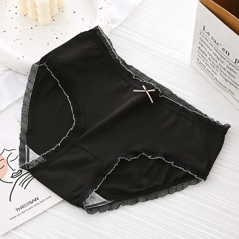 Underwear Women Panties Sexy Lace Mid Waist Briefs Breathable Underpants Plus Size Pantys Solid Color Lingerie