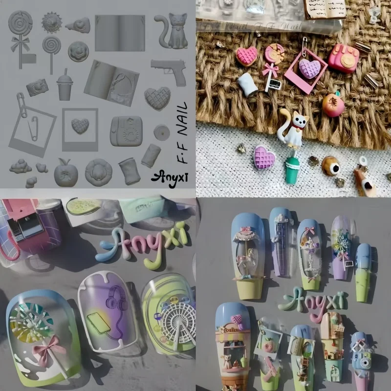 

A silicone nail art mold, cute cartoon candy camera, dreamy Ferris wheel, phone, 3D DIY nail art template