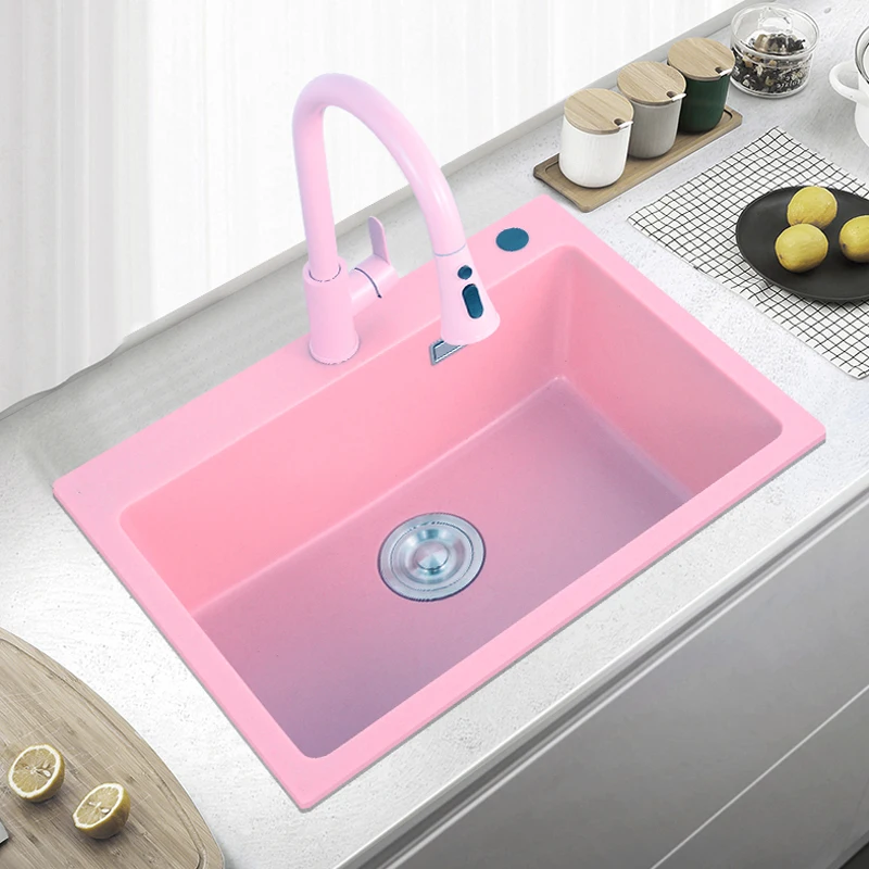 

Pink quartz stone sink, household kitchen, vegetable basin size, single tank, under-counter basin, granite pool.