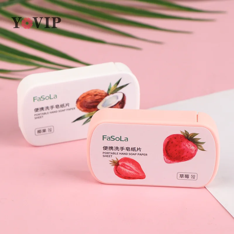 50Pc/Box Disposable Strawberry Coconut Scented Slice Paper Cleaning Soap Washing Hand Portable Aromatic Soap Paper Body Cleanser