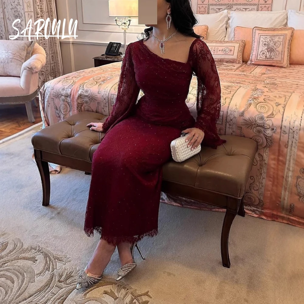 Burgundy Lace Daily Party Prom Gown Hot Sale Sexy Shimmering Evening Dress Illusion Long Sleeves Elegant Women Cocktail Wear