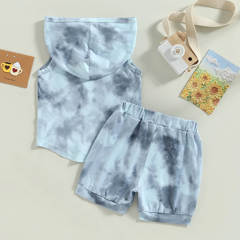 Boys Summer Outfits Sleeveless Hooded Tie Dye Tank Tops with Drawstring Shorts Casual Beachwear for Kids