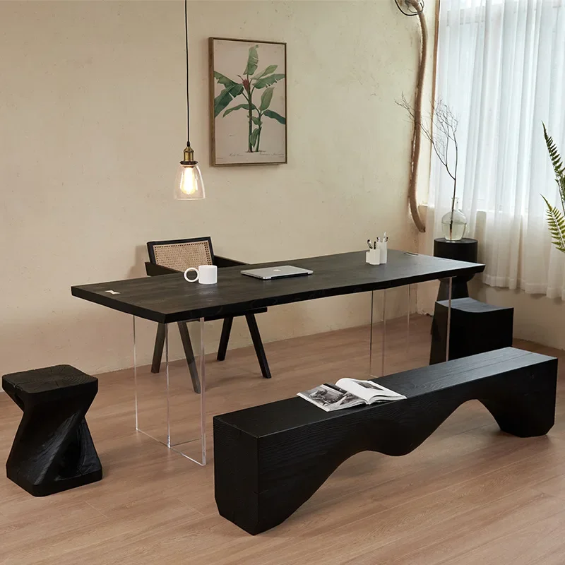 Atunus Modern Style Black Oak Rectangle Table Long Square Ash Wood Black Dining Table