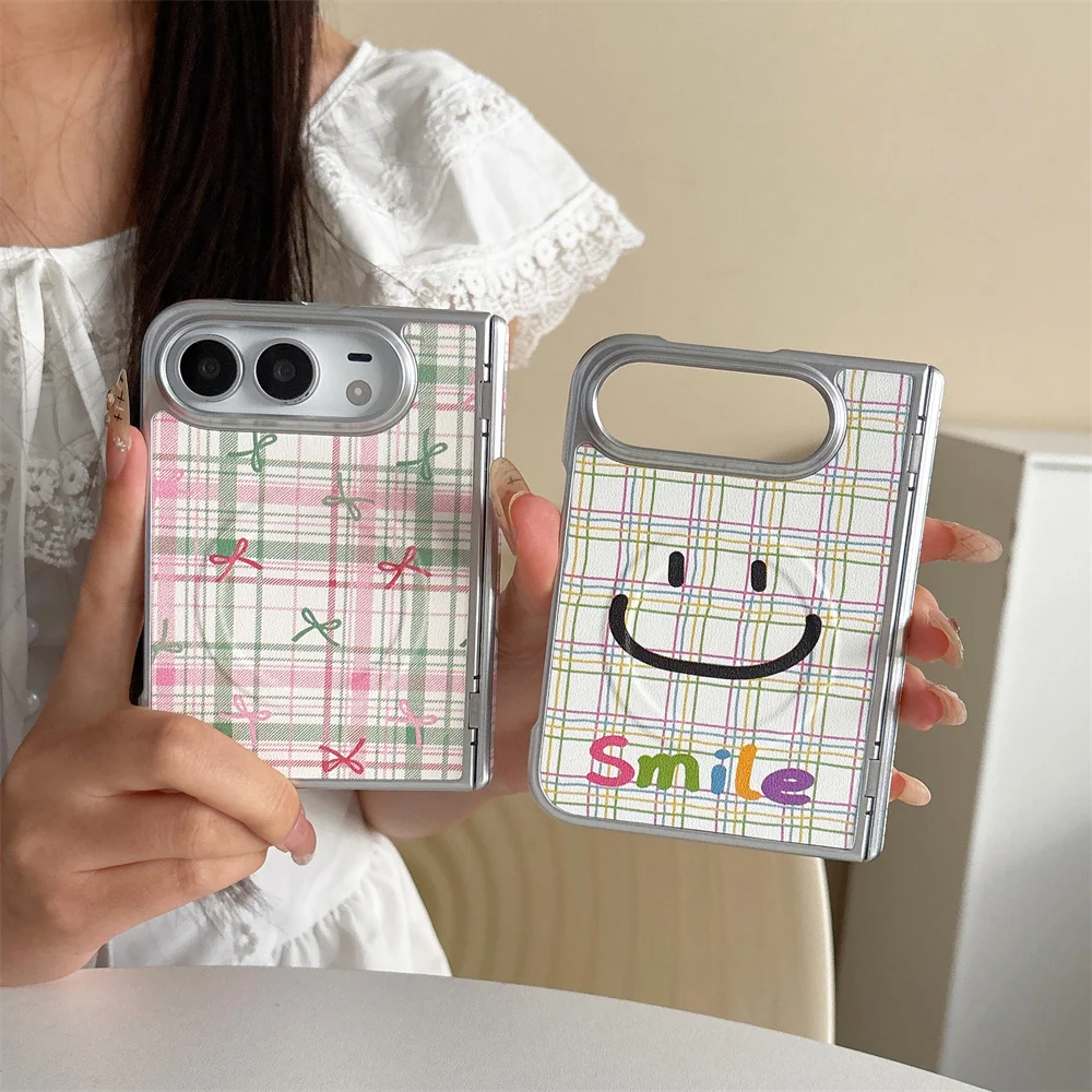 Korea Cute Plaid Bow Smile Face Magnetic Rotating Bracket Phone Case For iPhone Duo Kawaii Hard Protective Cover For Magsafe
