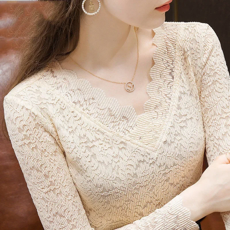 Fleece Lined Lace Long Sleeve Top Women Autumn Winter | Wavy Hem Elegant Slim Fit Blouse S-6XL