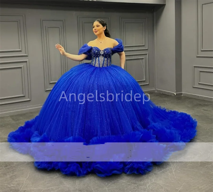 

Angelsbride Glitter Tulle Royal Blue Ball Gown Quinceanera Dresses Ruffle Beading Sweet 16 Dress Vestido De 15 Anos Lace-Up