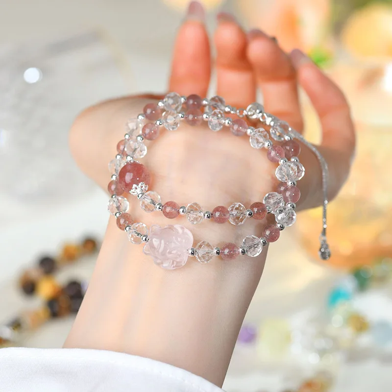

Natural Strawberry White Double Circle Bracelet Pink Nine-Tailed Cultural And Women'S Brace