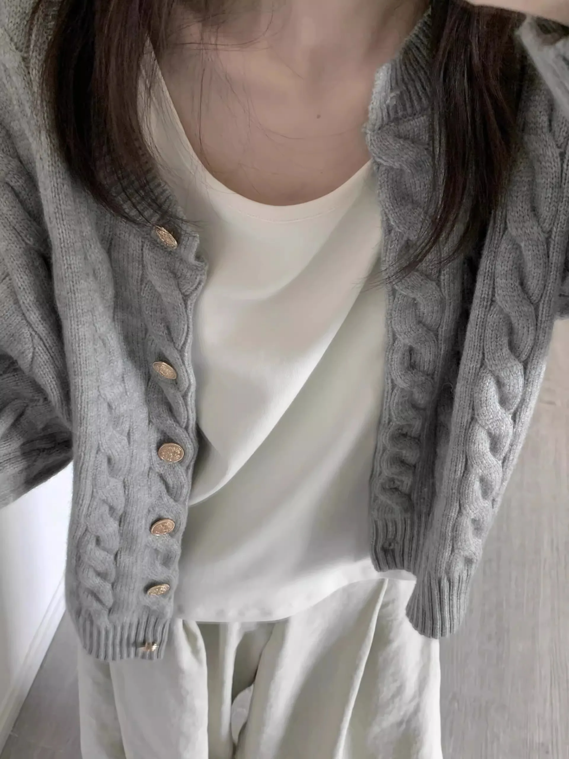 الخريف الشتاء ort محبوك سترة معطف المرأة فضفاضة تناسب زر تويست زهرة سترة ملابس خارجية كلية Sle ألياف البوليستر #3