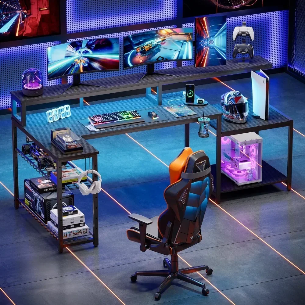 Gaming Desk, 71.5 LED Computer Desk with Long Monitor Stand, Cool Table with Storage Shelf, L-Shaped, Cup Holder Headphone Hook