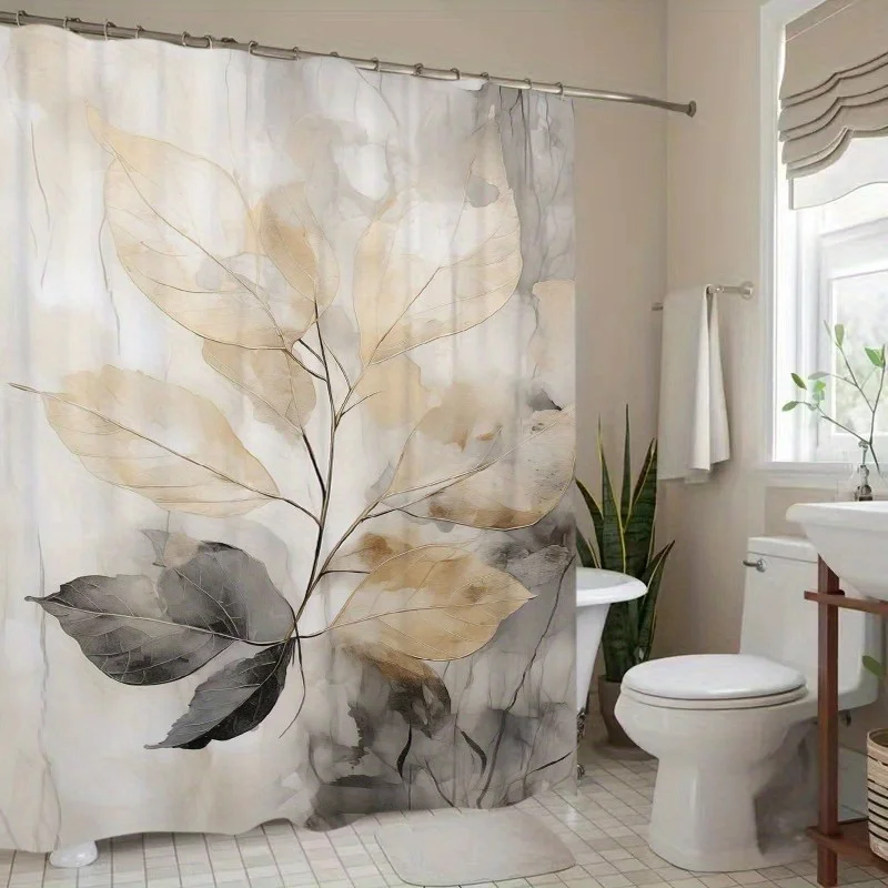 1pcs Delicate Leaf Flower Art Spring Plant Bathroom Curtain, Digital Printing, Polyester Waterproof Shower Curtain