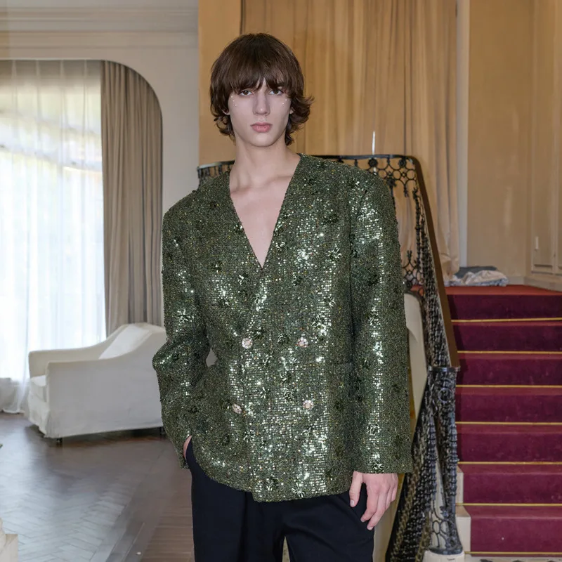 WVGA Spring Autumn New Men Personalized Sequin Trendy Stage Performance Green Blazer Niche Chic Casual V-Neck Jackets Ins W28967