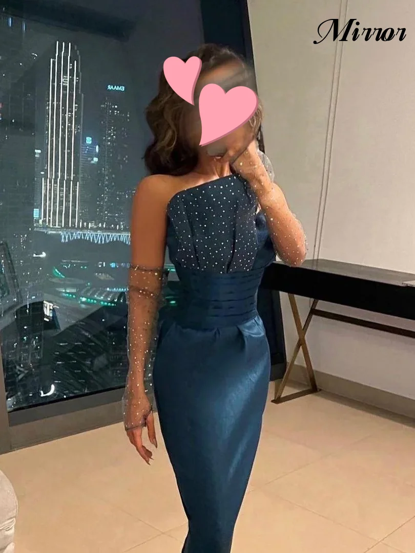 

Mirror Dress Elegant Vintage Blue Beading Sequins Gloves Customized Formal Occasion Ball Prom Dress Evening Party Gowns