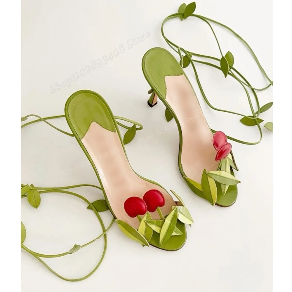 Green Cherry Decor Strappy Sandals Lace-up Round Toe Stiletto High Heel Fashion Sexy Summer Women Shoes 2024 Zapatos Para Mujere