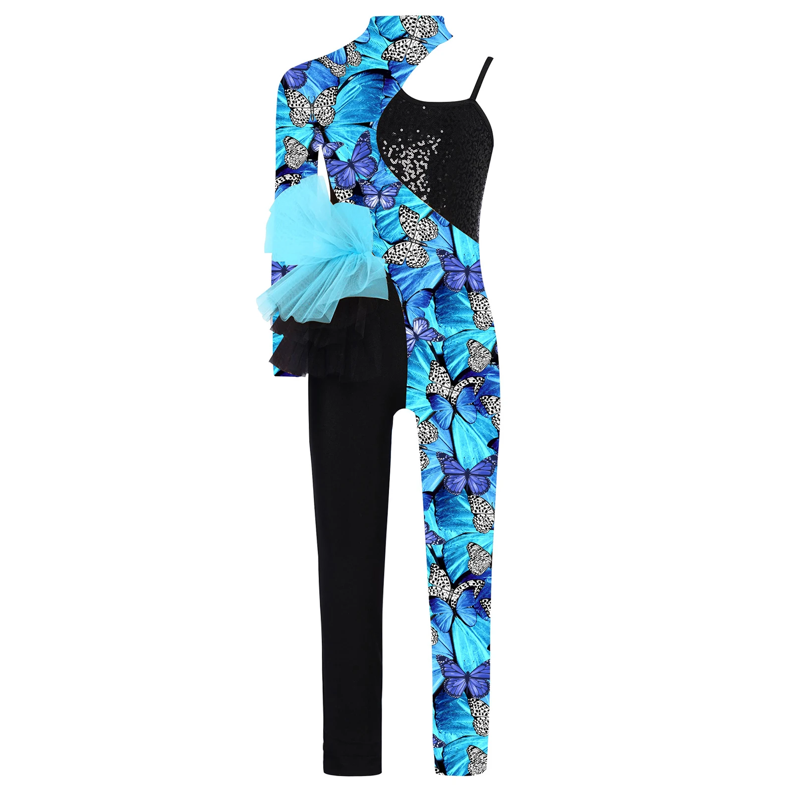 

Kids Girls Figure Skating Jumpsuit Printed Asymmetrical Long Sleeve Side Tulle Peplum Sequin Parties Dance Performances Bodysuit