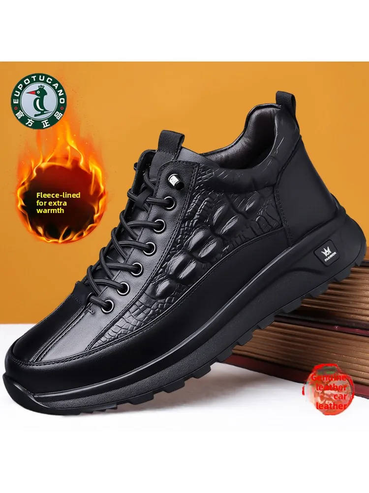 

Мужские зимние высокие кожаные теплые удобные мягкие ботинки, нескользящие повседневные ботинки с круглым носком и резиновой подошвой