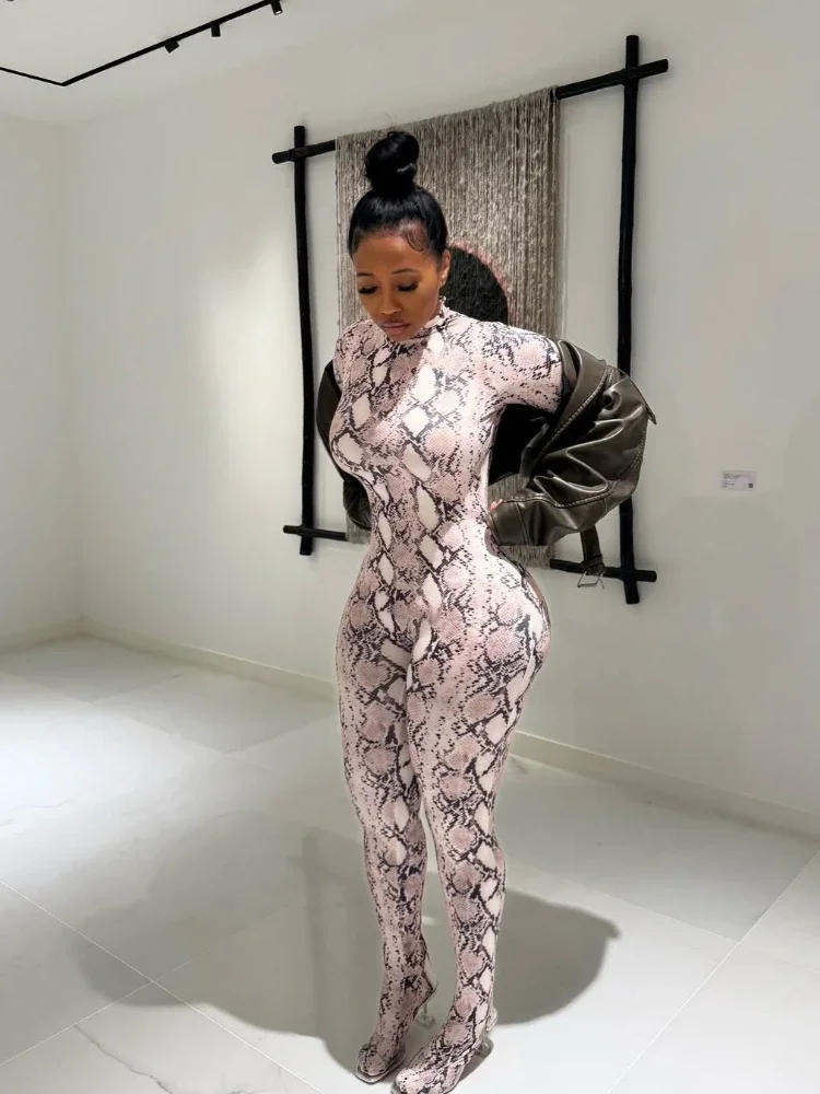 Women Snake Print Autumn Sexy Foot Jumpsuit  Trend o-Neck Full Sleeve Stretch Skinny Street Clubwear Zip Slim Overalls