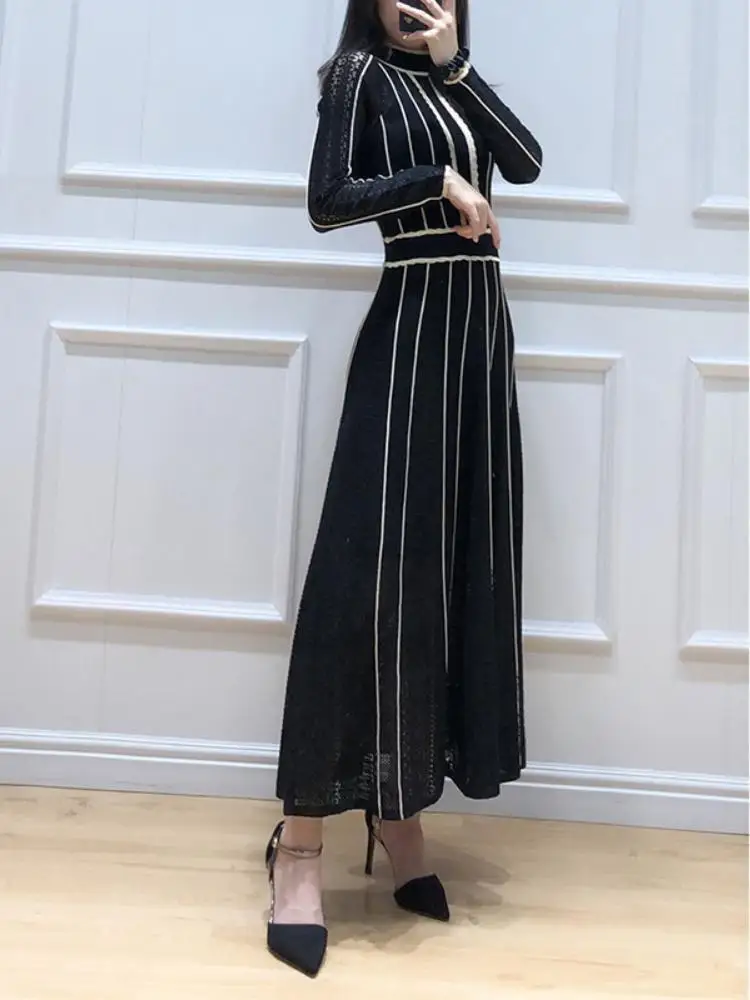 Vintage Black Striped Lace Dress Women\'s O Neck Long Sleeve Fashion Patchwork Slim High Waist French Ladies Knitted Maxi Dress