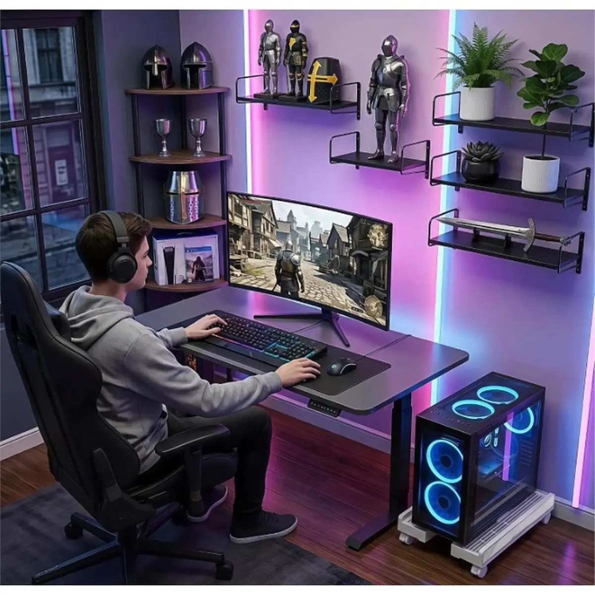 Adjustable Mobile Computer Tower Stand, Ventilated CPU Stand with Locking Caster Wheels, Fits Most Computer Towers